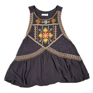 Coco + Jaimeson Embroidered Tank Top Womens Sz L Gray Orange Flowy Trapeze Boho